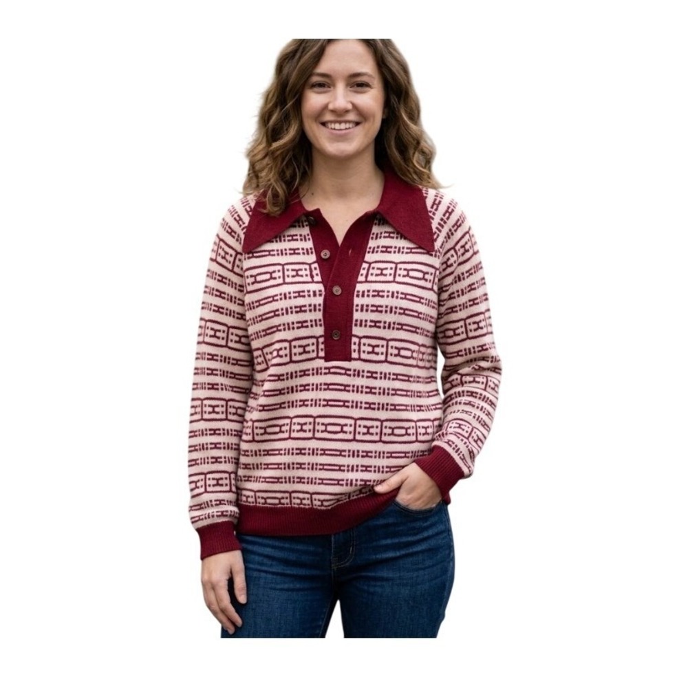 Vintage‎ 70s Donegal Pointed Collared Sweater Burgundy Cream Knit Pattern L